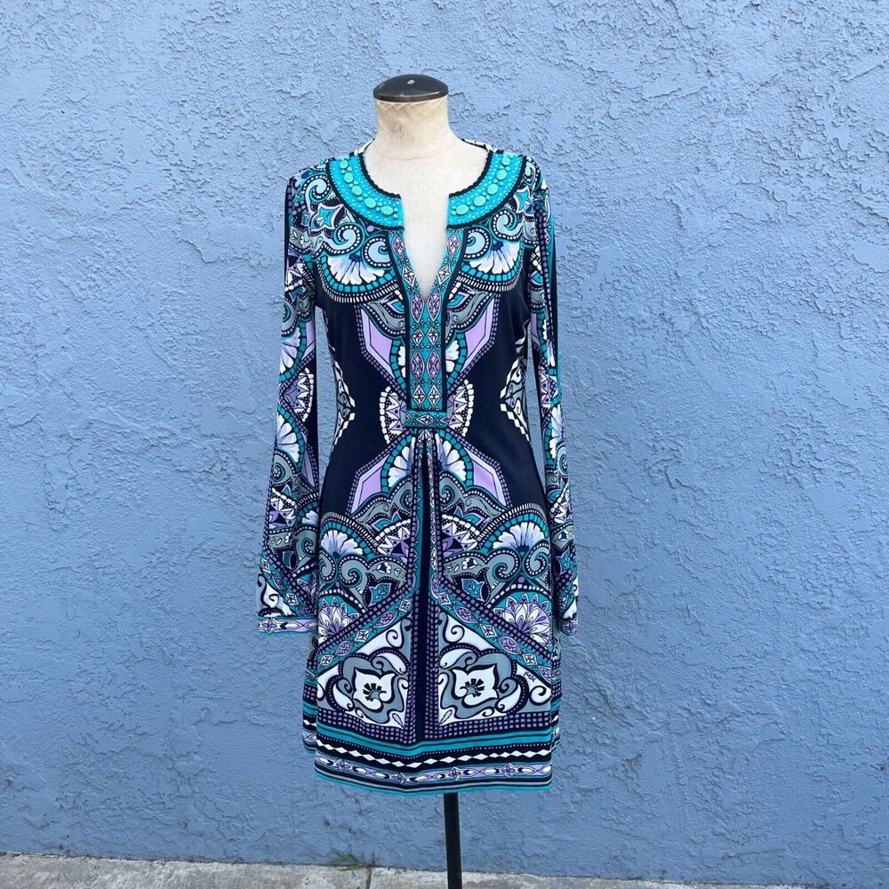 Hale Bob V-Neck Shift Dress Small Rhinestone Embellished Tunic Y2k